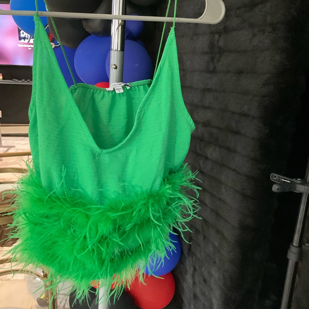 Fashion Nova Green Feather Trim Top